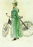 fru grosshandlare eriksson-kvinna vid cykel, Carl Larsson